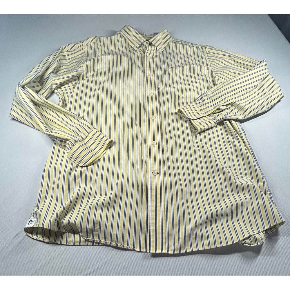 Cremieux Classics Mens Large Yellow Blue Striped Button Down Shirt Long Sleeve